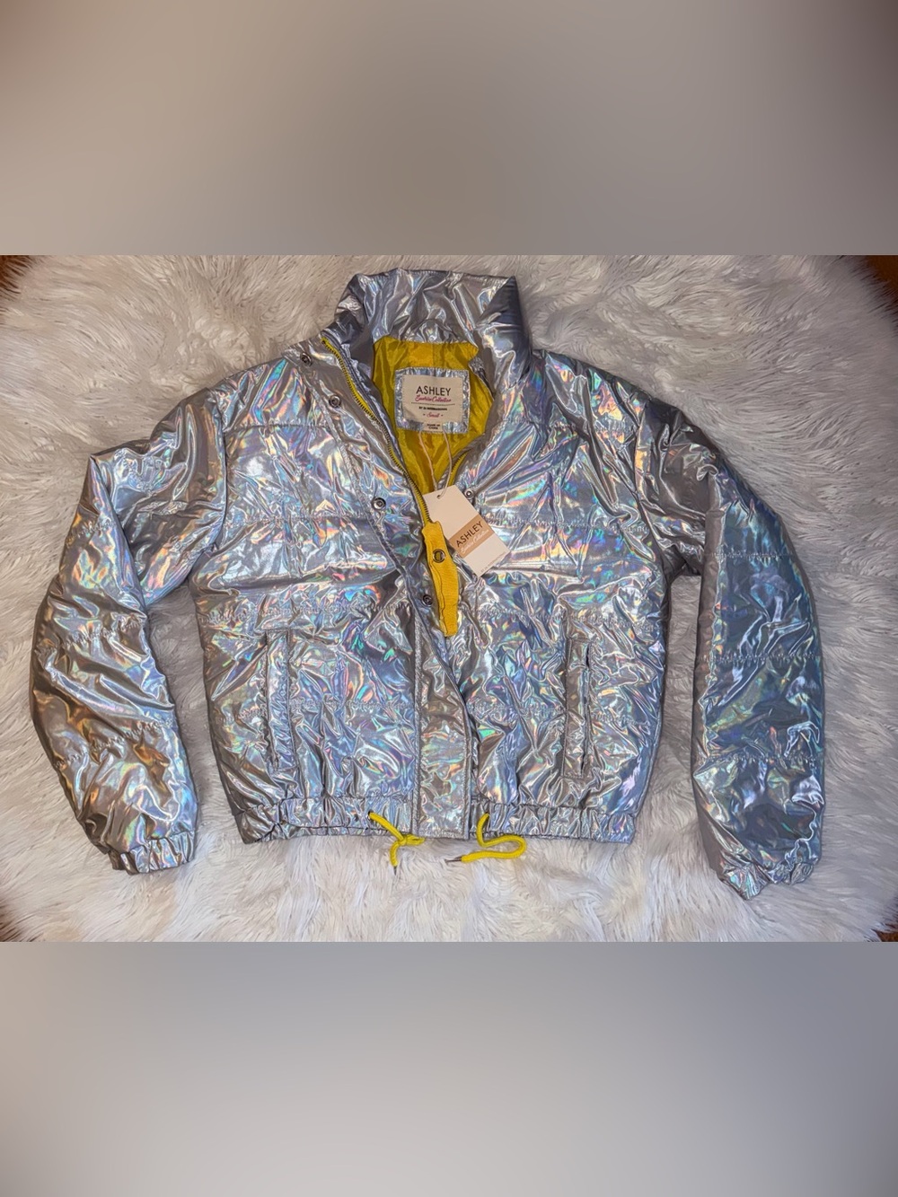 Ashley By 26 International Silver Holographic Puffer Jacket with Yellow Lining